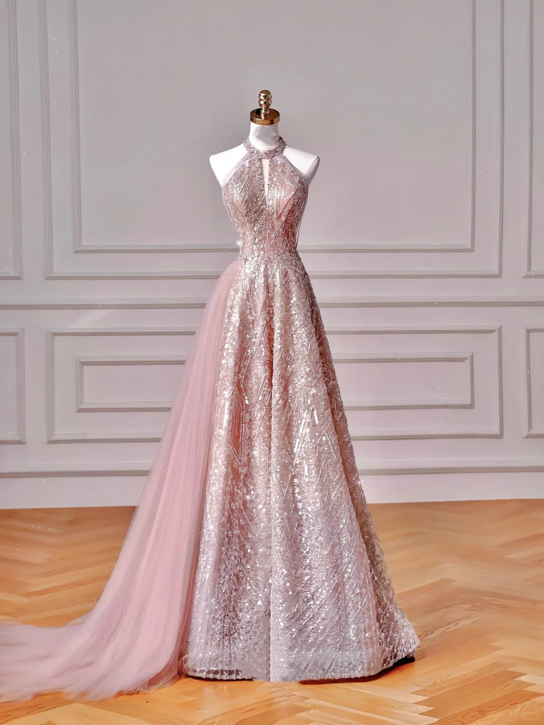 Sparkly Pink Halter Sequins Tulle A Line Prom Dress Evening Dress Y8608