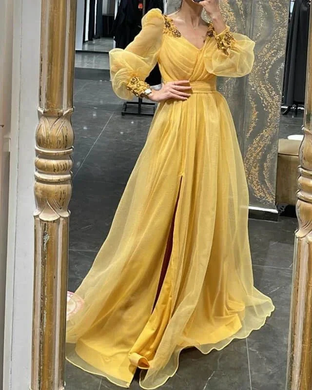 Puff Sleeves V Neck Tulle Slit Evening Dress Y5793 by simplepromdress