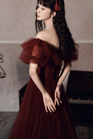 Burgunderrotes schulterfreies Tüll-Ballkleid Abendkleid Y8351