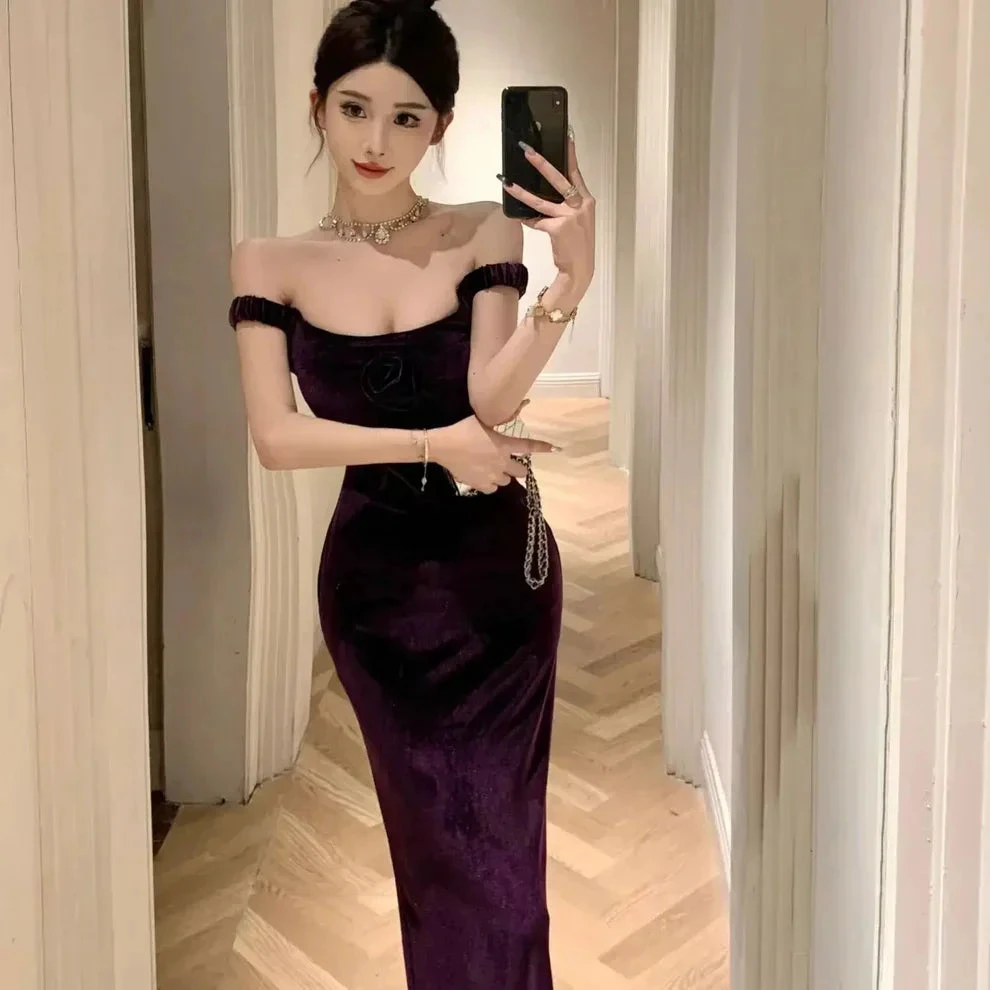 Elegant Velvet Long Sheath Prom Dress Purple Off Shoulder Slit Party Evening Gown Y8131 by simplepromdress