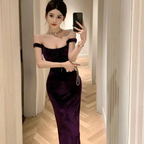 Elegant Velvet Long Sheath Prom Dress Purple Off Shoulder Slit Party Evening Gown Y8131 by simplepromdress