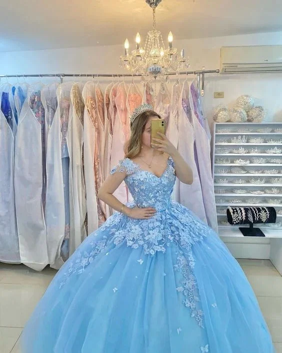 Off The Shoulder Blue Tulle Appliques Ball Gown Sweet 16 Dress Y6077 by simplepromdress