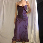 Vintage Print Ruffles Evening Dress Purple Straps Prom Dress Y7876 by simplepromdress