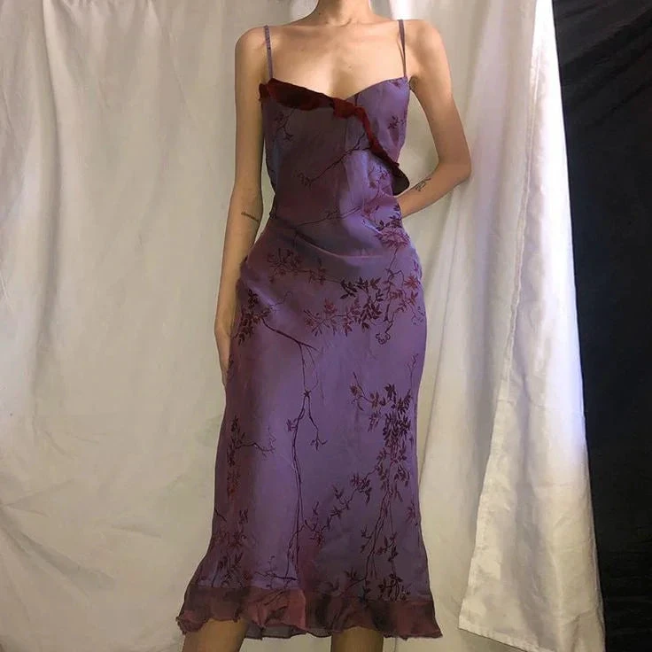 Vintage Print Ruffles Evening Dress Purple Straps Prom Dress Y7876 by simplepromdress