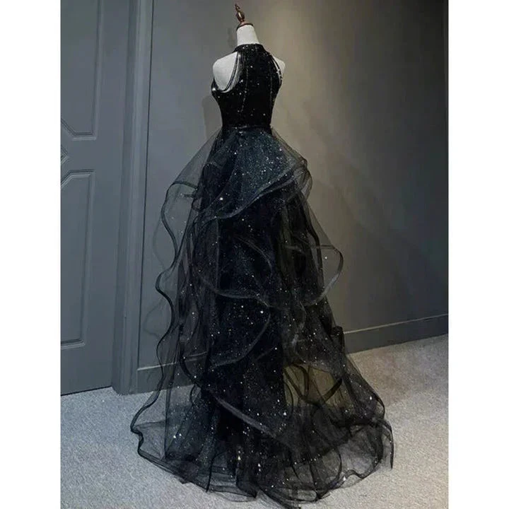 High Neckline Black Halter Shiny Tulle And Sequins Evening Dress, Black Tulle Prom Dress Y1864 by simplepromdress