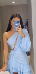 Elegant Short One Shoulder Chiffon Homecoming Dress A-Line Sky Blue Ruffled Cocktail Party Dress Y2436 by simplepromdress