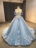Ball Gown Blue Prom Dresses Lace Tulle Off Shoulder Evening Party Dress Y4561 by simplepromdress