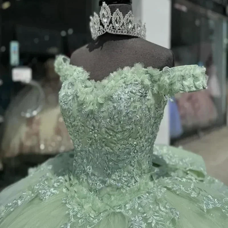 Luxury Mint Green Off The Shoulder Quinceanera Dress Tulle Applique Beading Tiered Bow Birthday Ball Gown Y8125 by simplepromdress