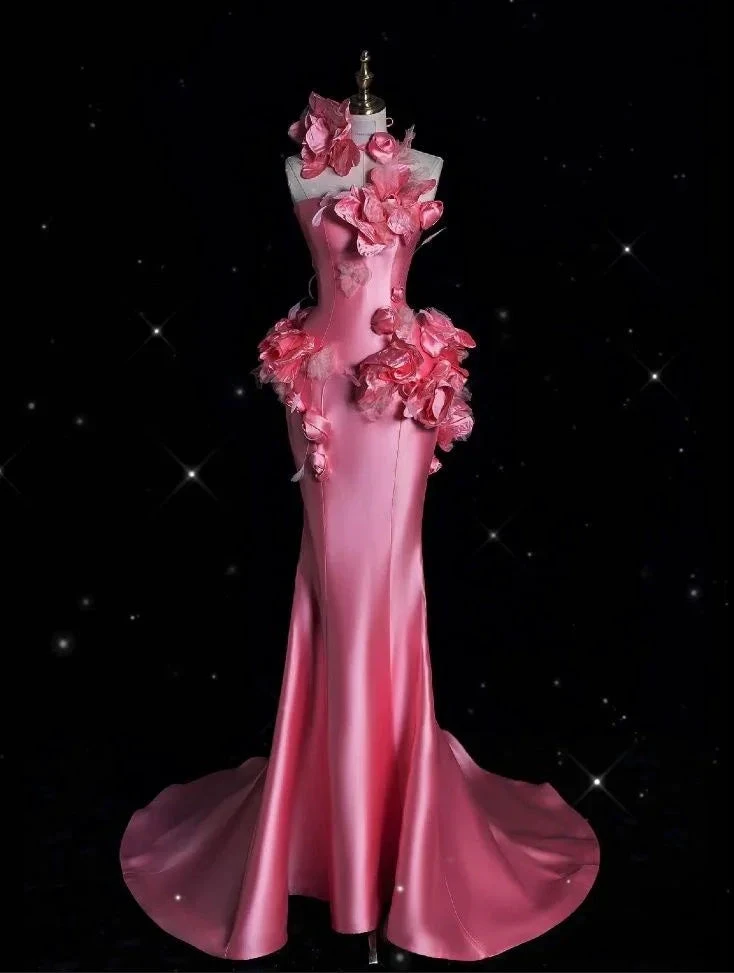 Pretty Pink Satin 3D Flowers Mermaid Prom Dress Long Evening Dress Y8339 by simplepromdress