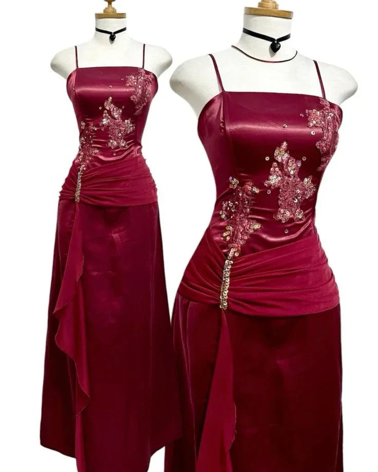 Vintage Burgundy Satin Chiffon Beaded Prom Dress Evening Dress Y8448 by simplepromdress