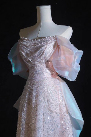 Pink A-Line Off-Shoulder Tulle Sequins Beaded Long Prom Dress Formal Evening Dress Y8050
