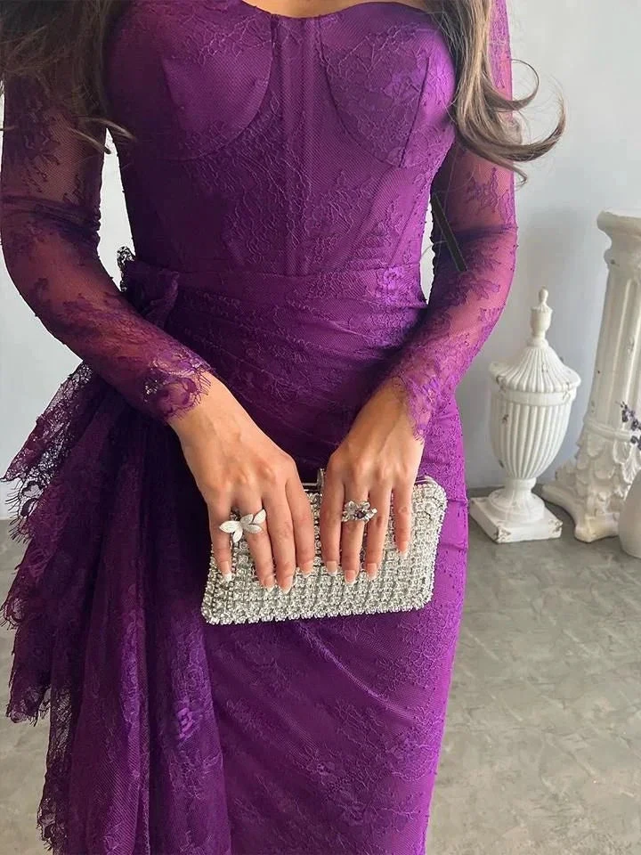 Goegeous Mermaid Split-Side Pleated Lace Evening Dress Purple Long Prom Dress Y7766 by simplepromdress