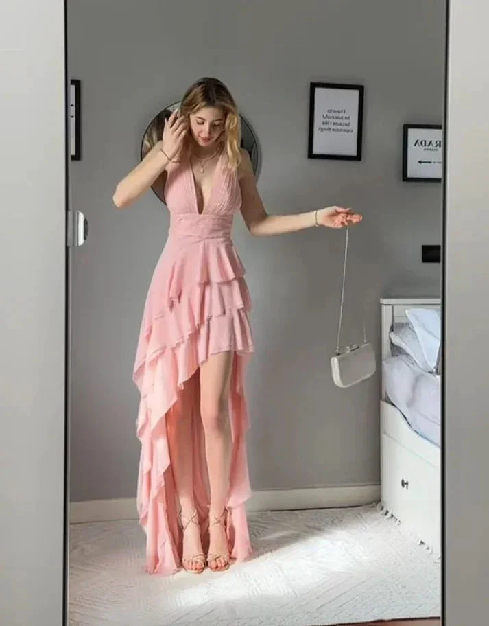 Sexy Deep V Pink Tiered Evening Dress Chiffon Prom Dress Y8062 by simplepromdress
