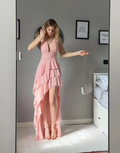 Sexy Deep V Pink Tiered Evening Dress Chiffon Prom Dress Y8062 by simplepromdress