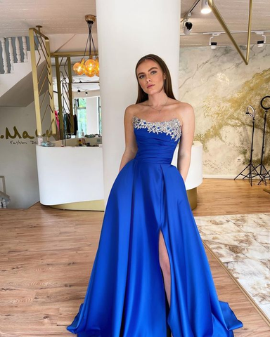 Royal Blue A-line High Slit Prom Dress Royal Blue Evening Dress Y6221