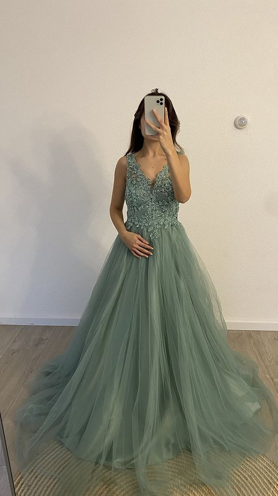 Modest A-line V Neck Tulle Evening Dress Graduation Dress Y4899 Hover Image