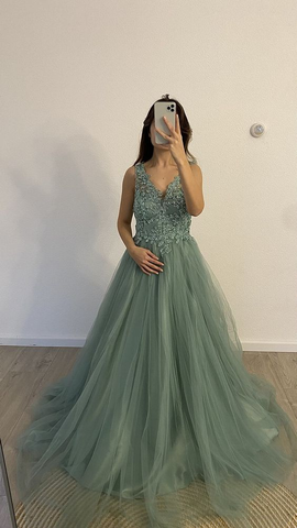Modest A-line V Neck Tulle Evening Dress Graduation Dress Y4899