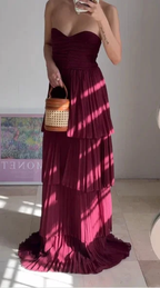 Burgundy Strapless Chiffon Pleated Tiered Long Evening Dress A Line Prom Dress Y8503 by simplepromdress