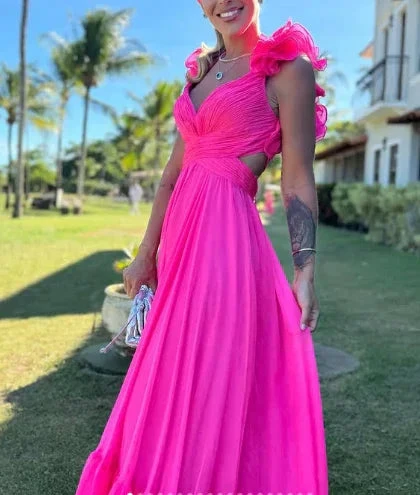 Chiffon A Line Ruffle Prom Dresses for Women V Neck Long Bridesmaid Dresses Backless Formal Evening Gowns Y3043 by simplepromdress