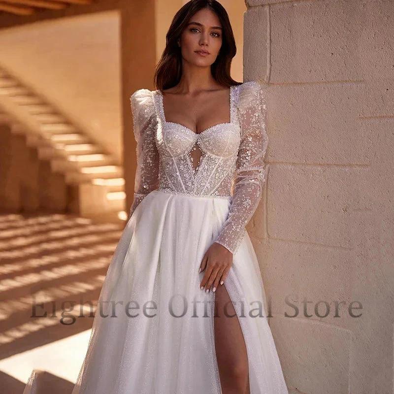 Boho A-Line Wedding Dresses Long Sleeve Sweetheart Bridal Dress Elegant Princess Evening Wedding Gowns Custom Size by payinti