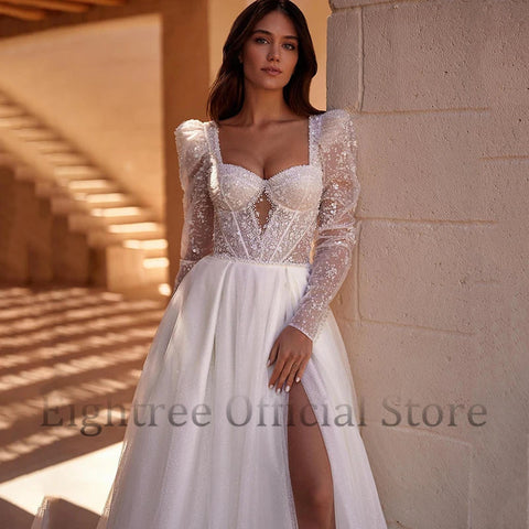 Boho A-Linie Brautkleider Langarm Sweetheart Brautkleid Elegante Prinzessin Abend Brautkleider Benutzerdefinierte Größe 
