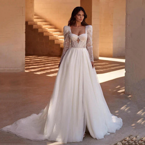 Boho A-Linie Brautkleider Langarm Sweetheart Brautkleid Elegante Prinzessin Abend Brautkleider Benutzerdefinierte Größe 