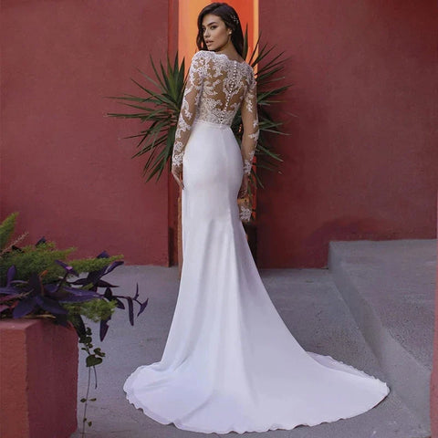 Elegant A-Line Wedding Dresses For Women Spring V Neck Deep Long Sleeve Lace Slim Fashion Bride's Tail Bridal Wedding Gown