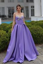 Elegant A-Line Sweetheart Sleeveless Ruffles Satin Purple Prom Dress by misshow.com