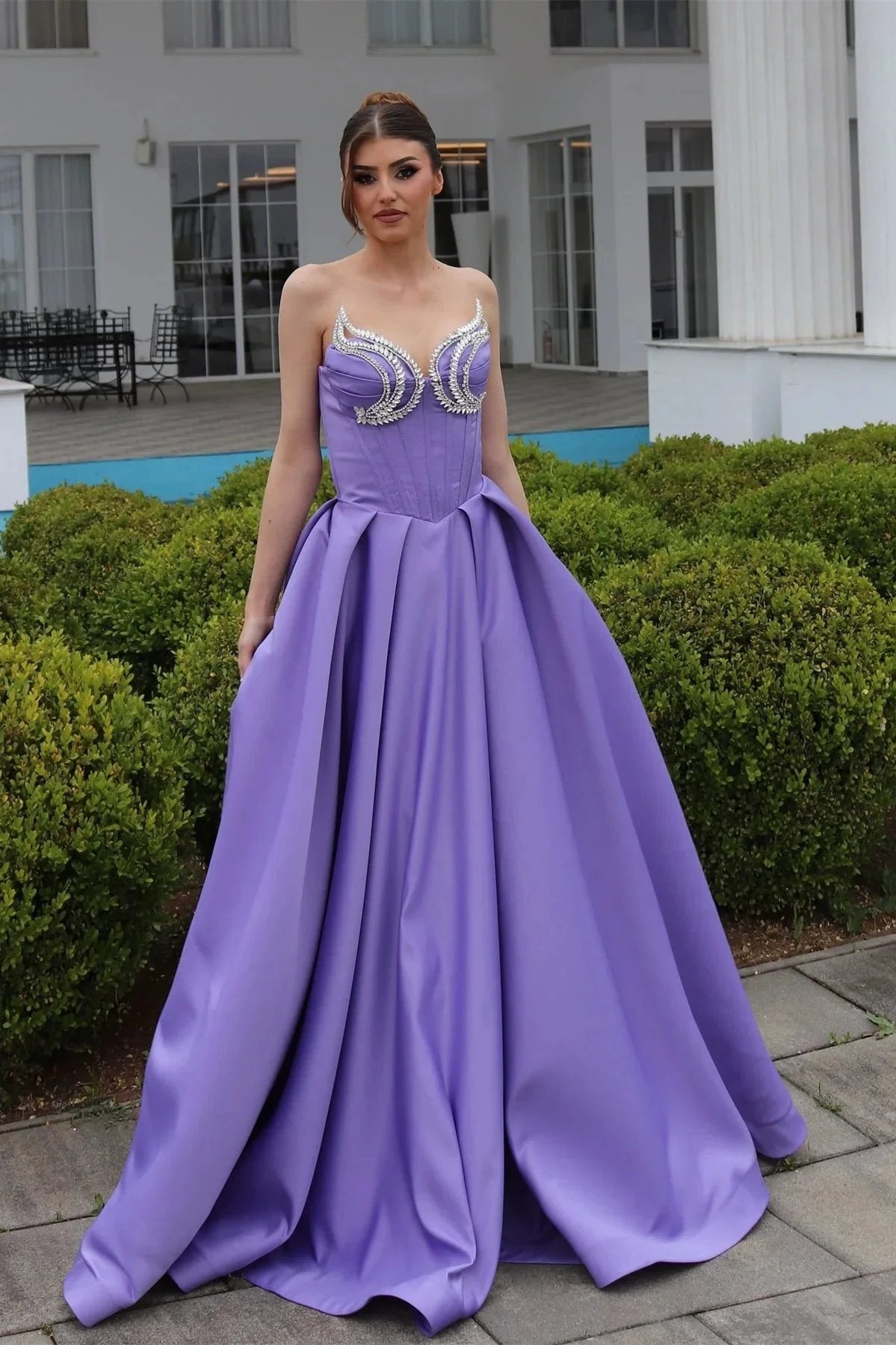 Elegant A-Line Sweetheart Sleeveless Ruffles Satin Purple Prom Dress by misshow.com