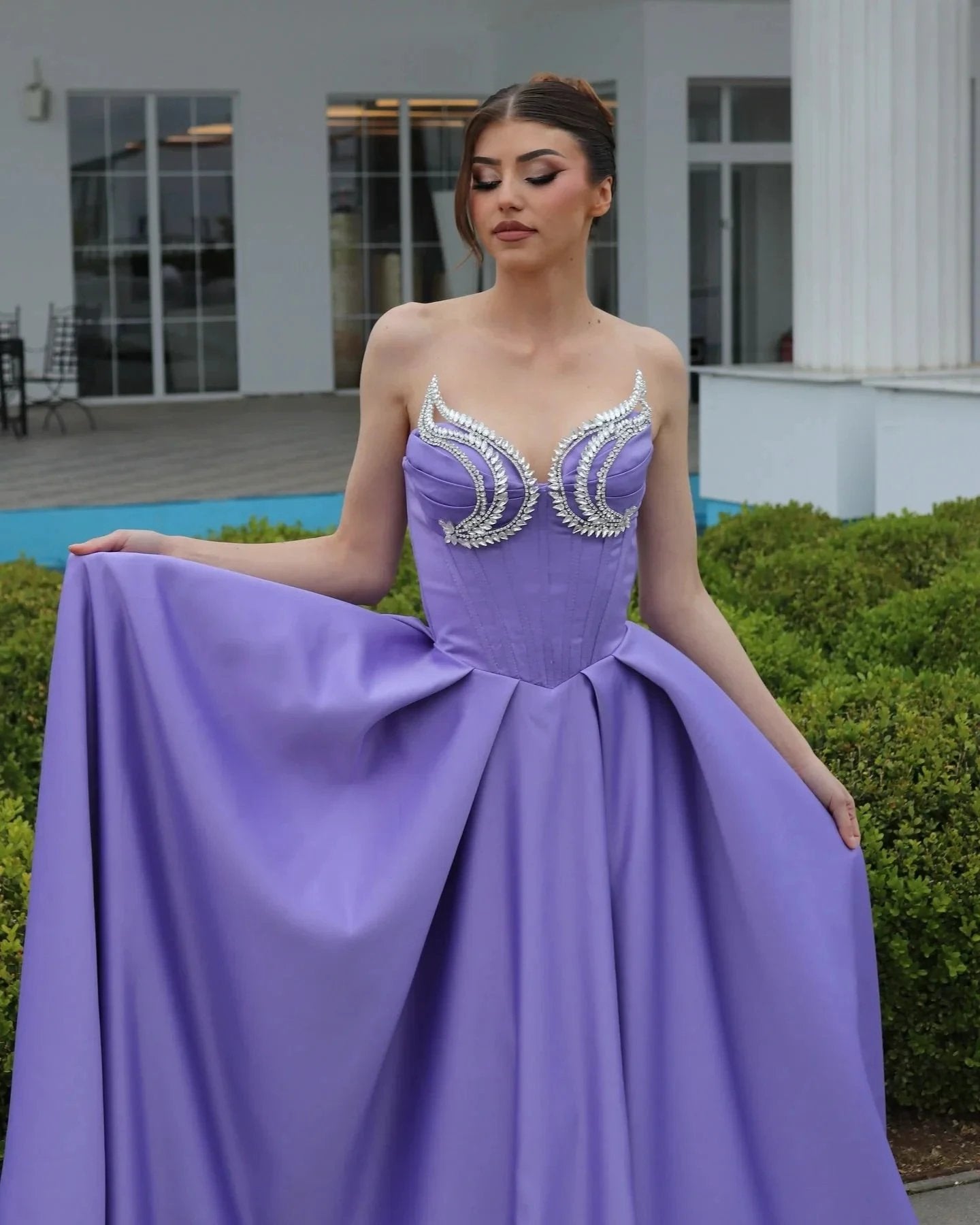 Elegant A-Line Sweetheart Sleeveless Ruffles Satin Purple Prom Dress by misshow.com