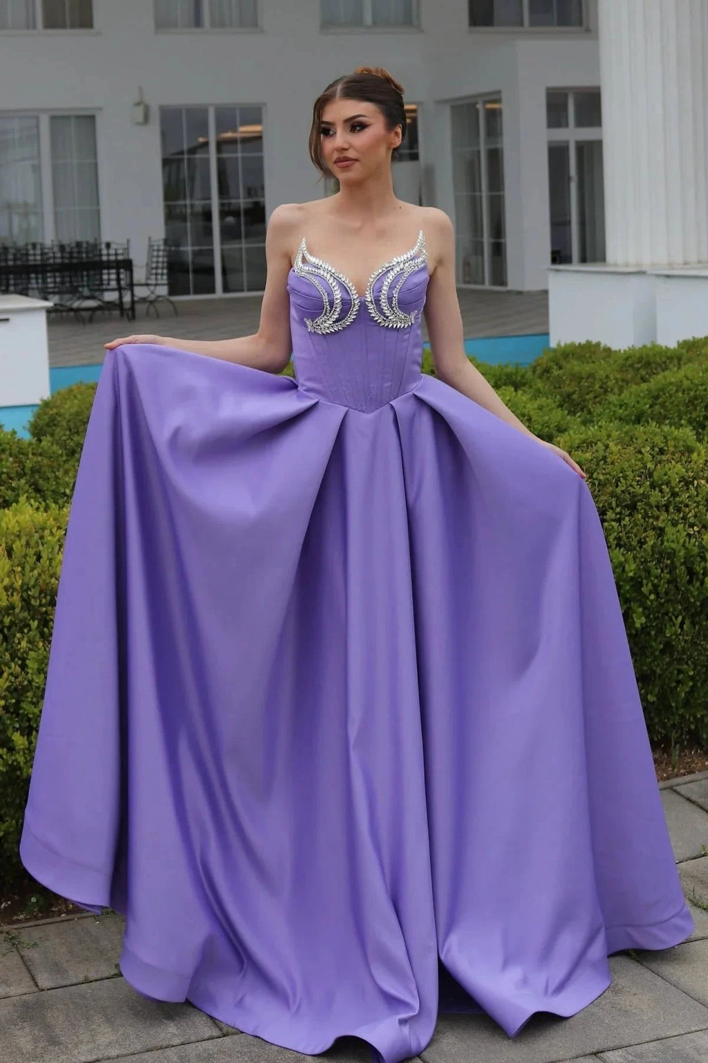 Elegant A-Line Sweetheart Sleeveless Ruffles Satin Purple Prom Dress by misshow.com