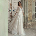 Elegant A-Line Wedding Dress Puff Sleeve Romantic Bridal Backless Beaded Appliques V-Neck Bride Dresses Vestido Noiva by payinti