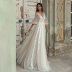 Elegant A-Line Wedding Dress Puff Sleeve Romantic Bridal Backless Beaded Appliques V-Neck Bride Dresses Vestido Noiva by payinti