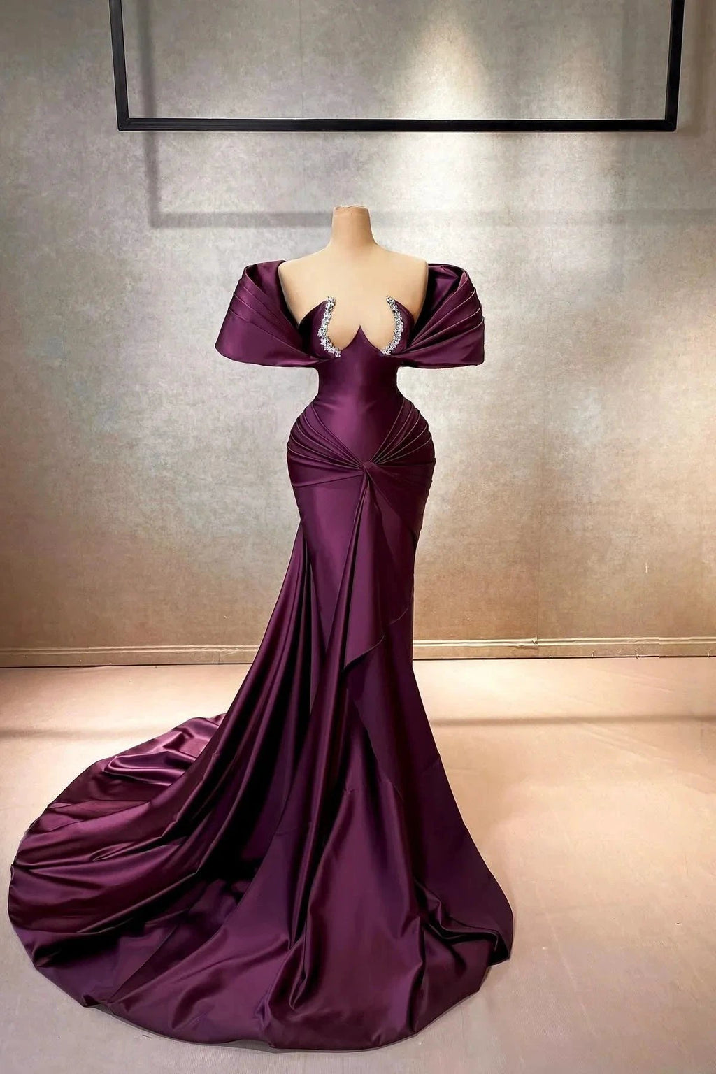 Elegant A-line Cap Sleeve Off-the-shoulder Ruffles Satin Long Prom Dress by misshow.com
