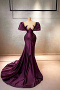 Elegant A-line Cap Sleeve Off-the-shoulder Ruffles Satin Long Prom Dress by misshow.com