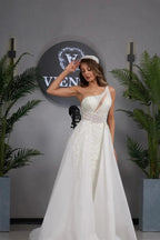 Elegant A-line One Shoulder Sleeveless Appliques Tulle Wedding Dress Woman by misshow.com
