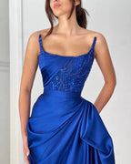 Elegant A-line Ruffles Sleeveless Square Satin Oceanblue Prom Dresses by misshow.com