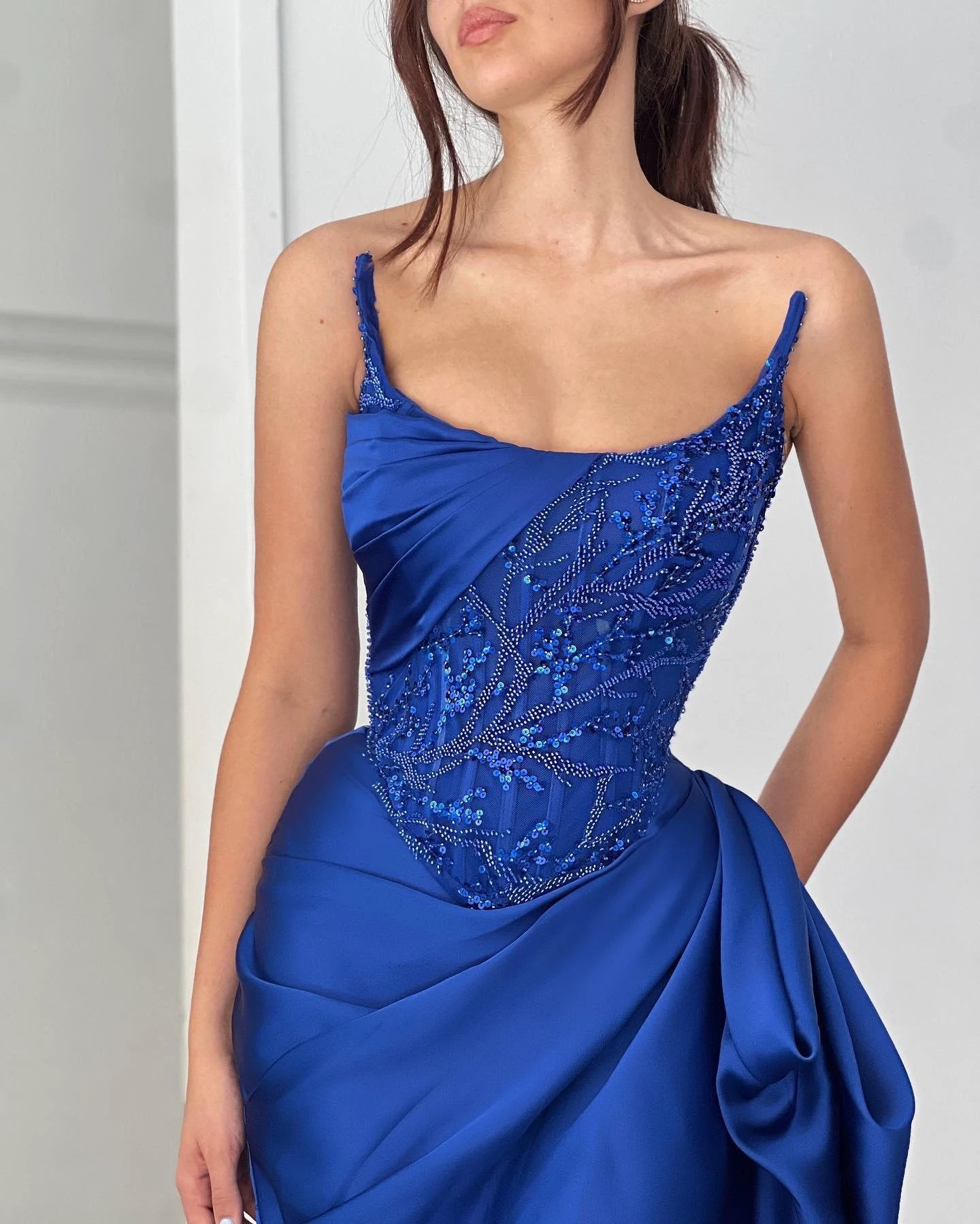 Elegant A-line Ruffles Sleeveless Square Satin Oceanblue Prom Dresses by misshow.com