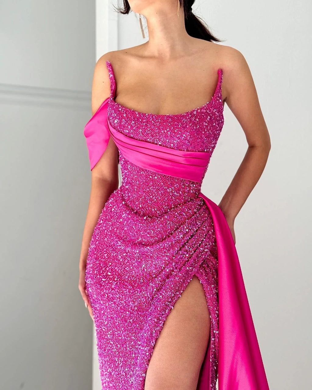 Elegant A-line Satin Sequined Sleeveless Halter Pink Long Prom Dresses by misshow.com