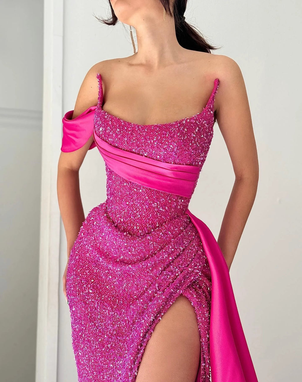 Elegant A-line Satin Sequined Sleeveless Halter Pink Long Prom Dresses by misshow.com