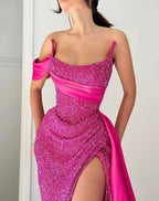 Elegant A-line Satin Sequined Sleeveless Halter Pink Long Prom Dresses by misshow.com