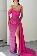 Elegant A-line Satin Sequined Sleeveless Halter Pink Long Prom Dresses by misshow.com