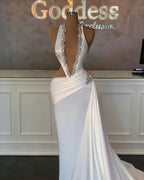 Elegant A-line Satin Sleeveless Halter Long Prom Dresses by misshow.com