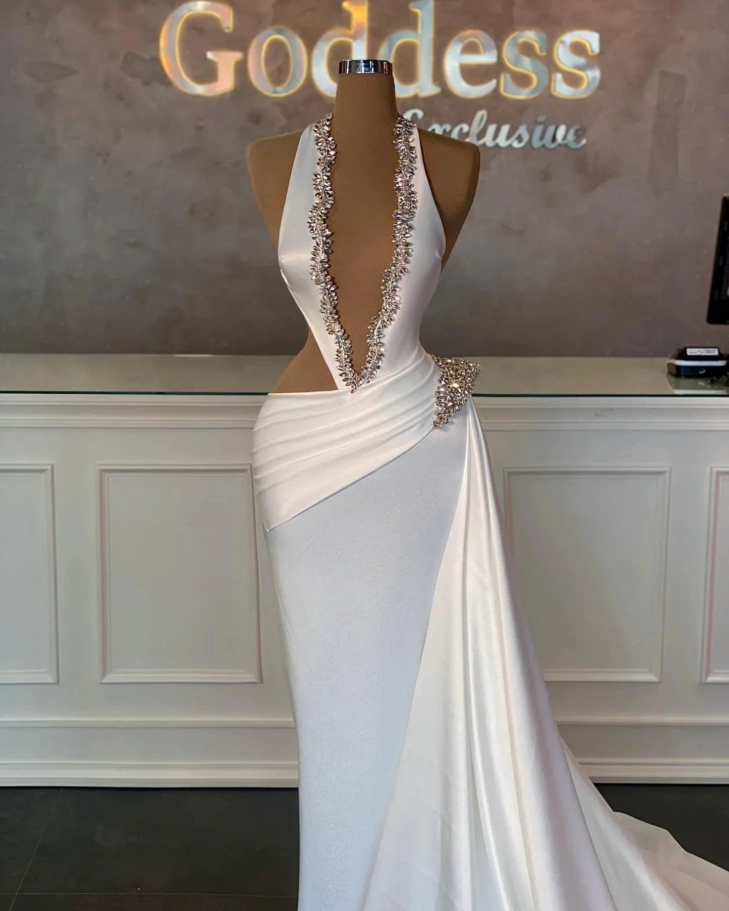 Elegant A-line Satin Sleeveless Halter Long Prom Dresses by misshow.com