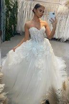 Elegant A-line Strapless Sleeveless Lace Sequined Tulle Wedding Dresses by misshow.com