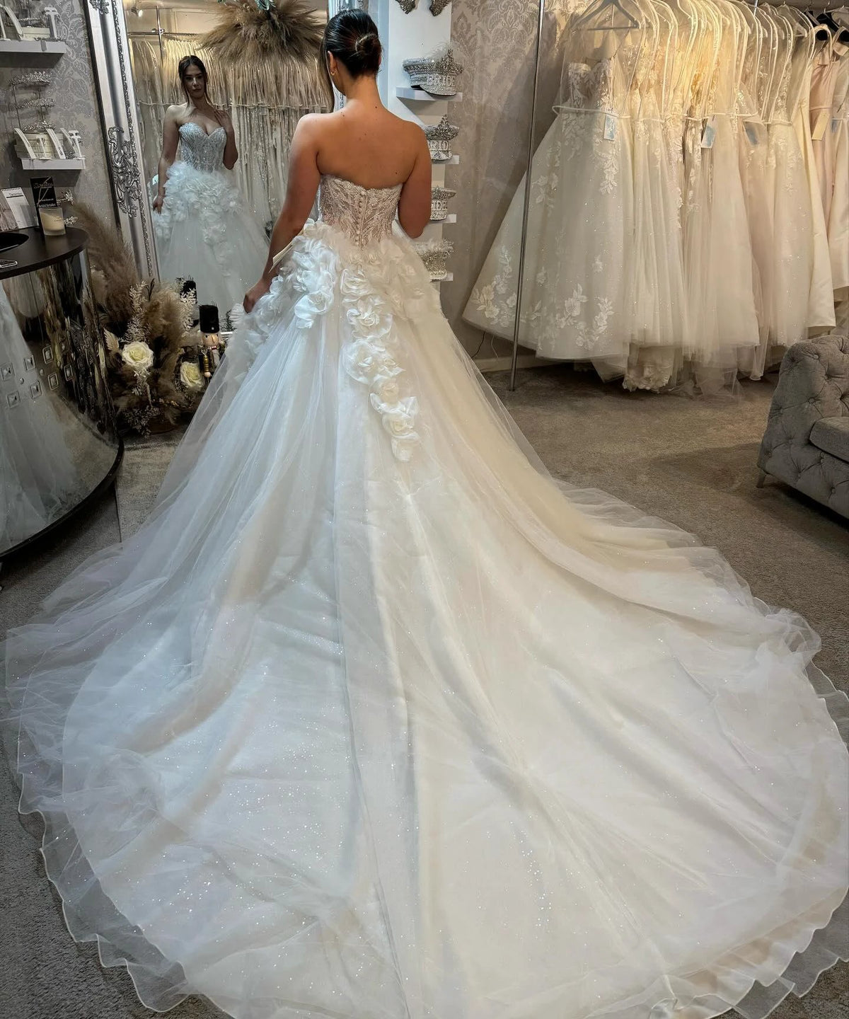 Elegant A-line Strapless Sleeveless Lace Sequined Tulle Wedding Dresses by misshow.com