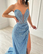 Elegant A-line V-neck Sleeveless Split Front Sequined Blue Prom Dress by misshow.com