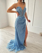 Elegant A-line V-neck Sleeveless Split Front Sequined Blue Prom Dress by misshow.com