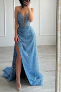 Elegant A-line V-neck Sleeveless Split Front Sequined Blue Prom Dress by misshow.com