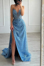 Elegant A-line V-neck Sleeveless Split Front Sequined Blue Prom Dress by misshow.com